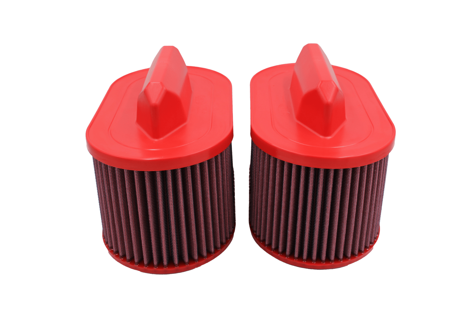 BMC FB789/04 red cotton replacement air filter assembly, two-filter upright side view