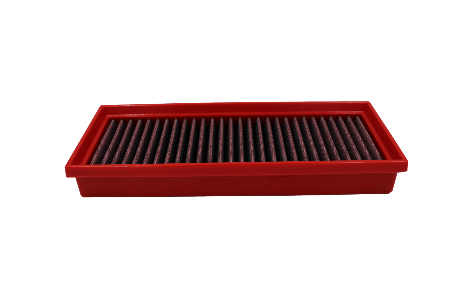 BMC FB809/20 red cotton replacement panel air filter, low three-quarter view