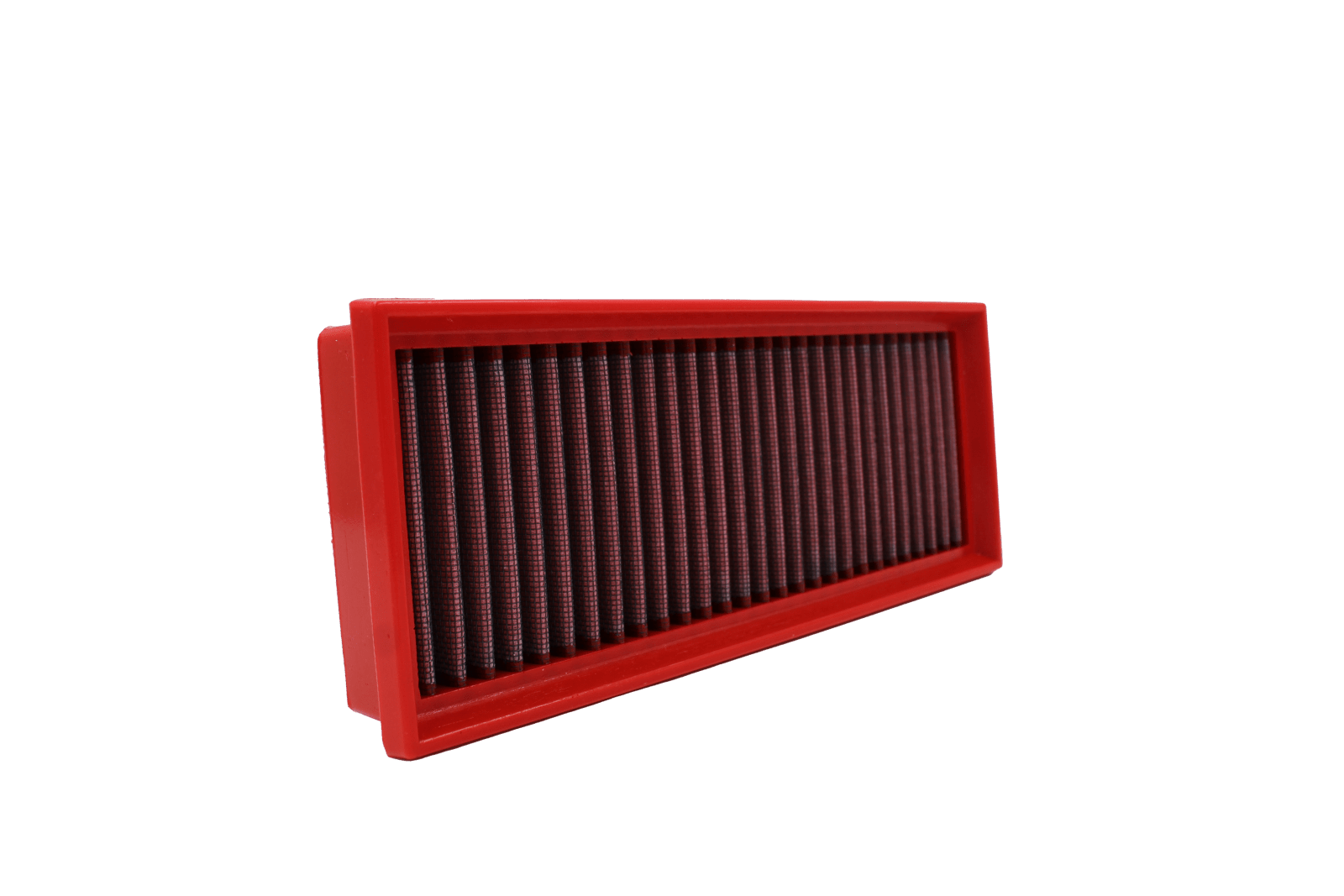 BMC FB809/20 red cotton replacement panel air filter, upright three-quarter view