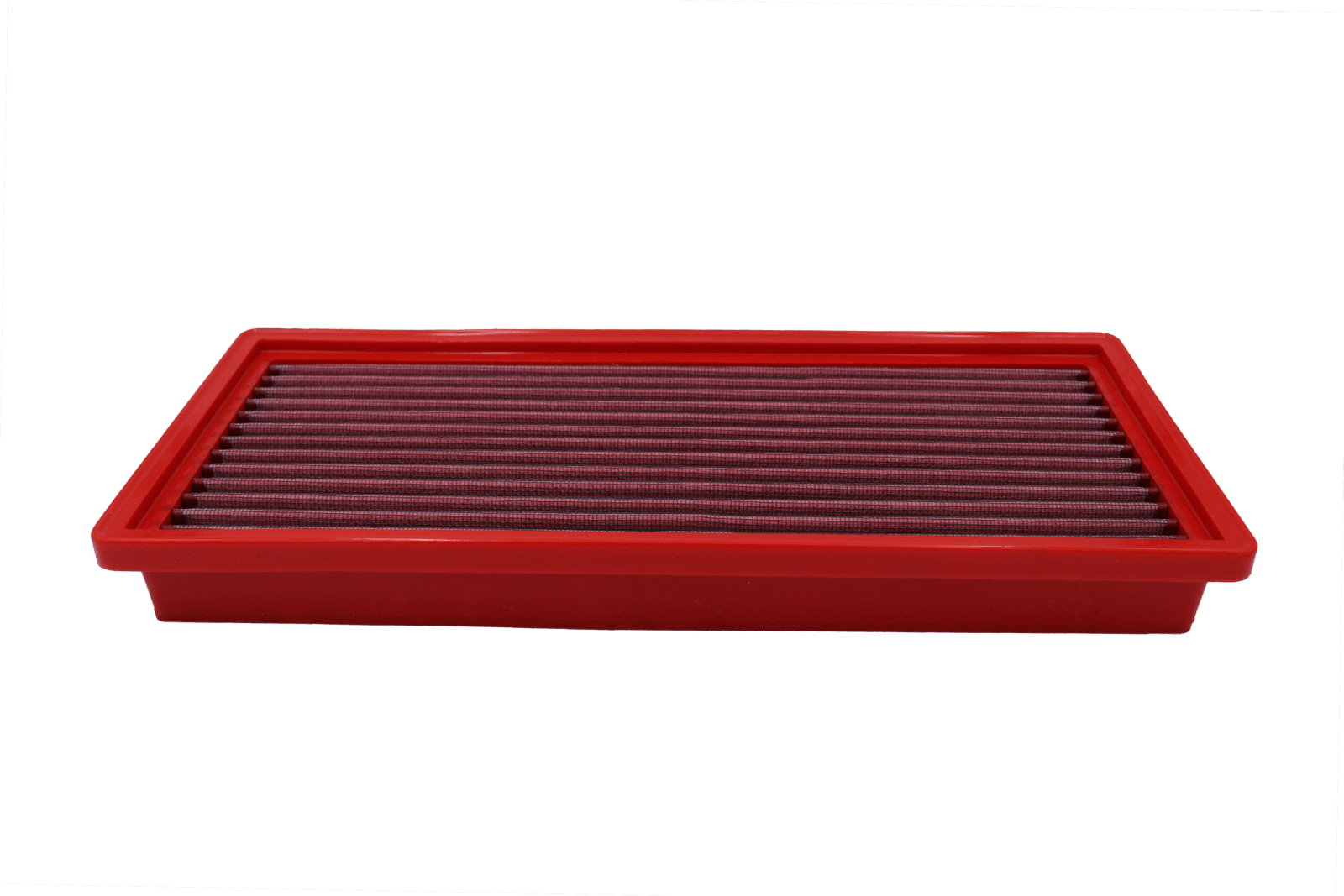BMC FB812/01 red cotton replacement panel air filter, low three-quarter view
