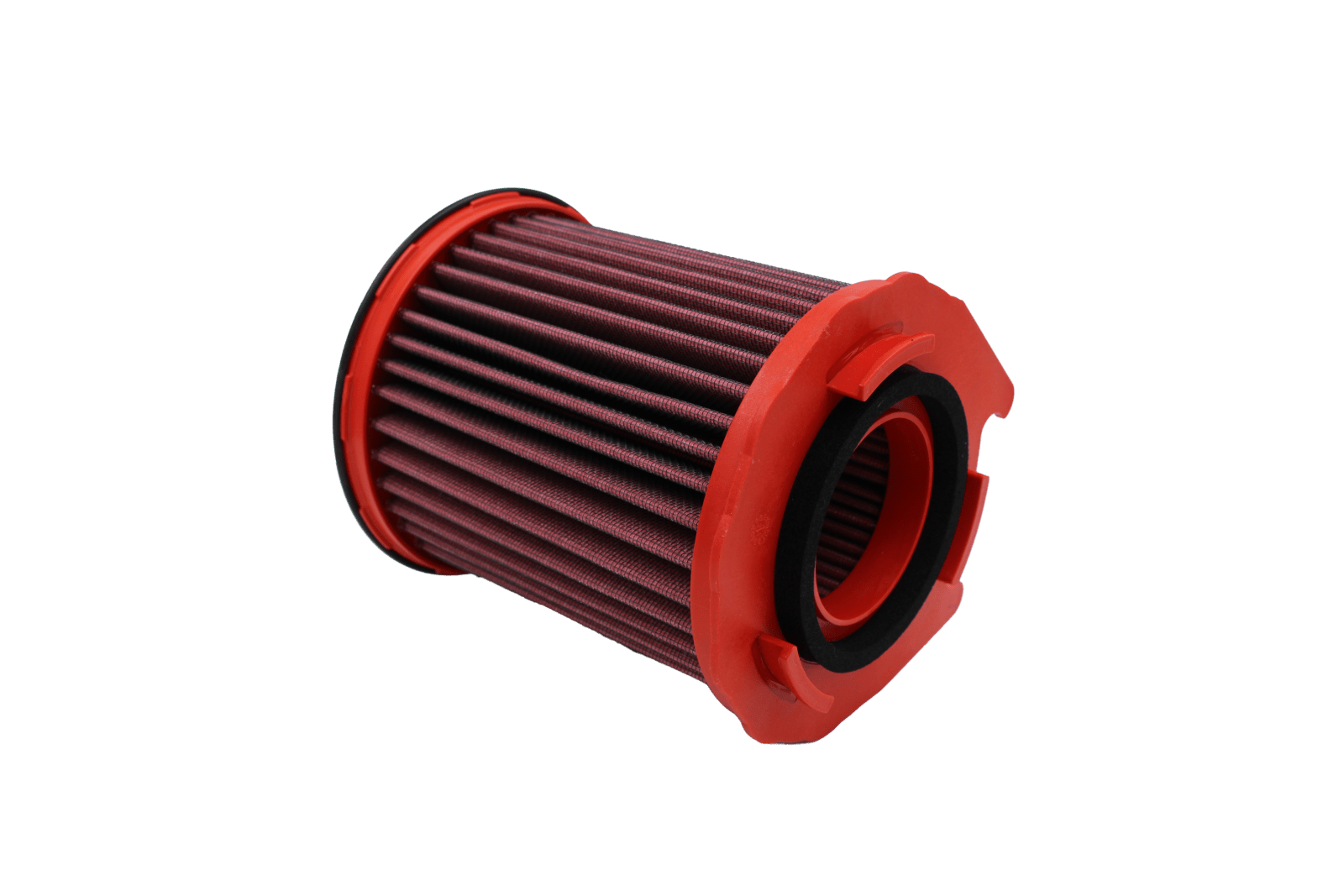 BMC FB819/04 red cotton replacement cylindrical air filter, inlet-end three-quarter view