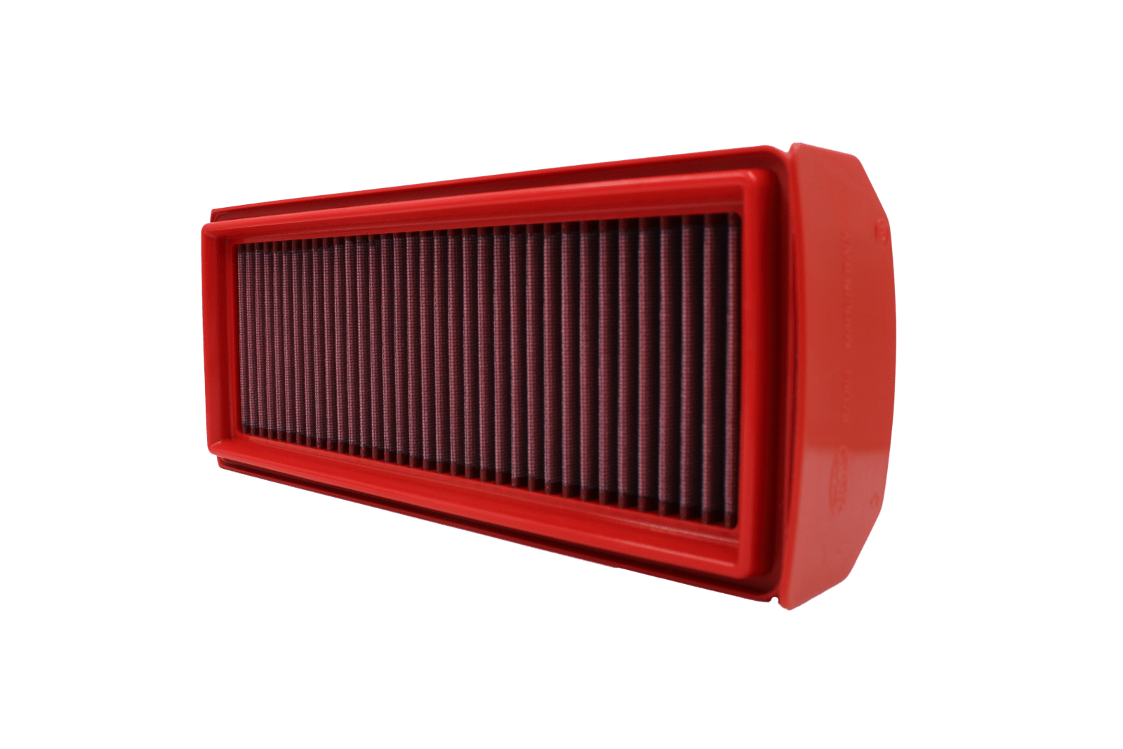 BMC FB821/04 red cotton replacement panel air filter, upright three-quarter view