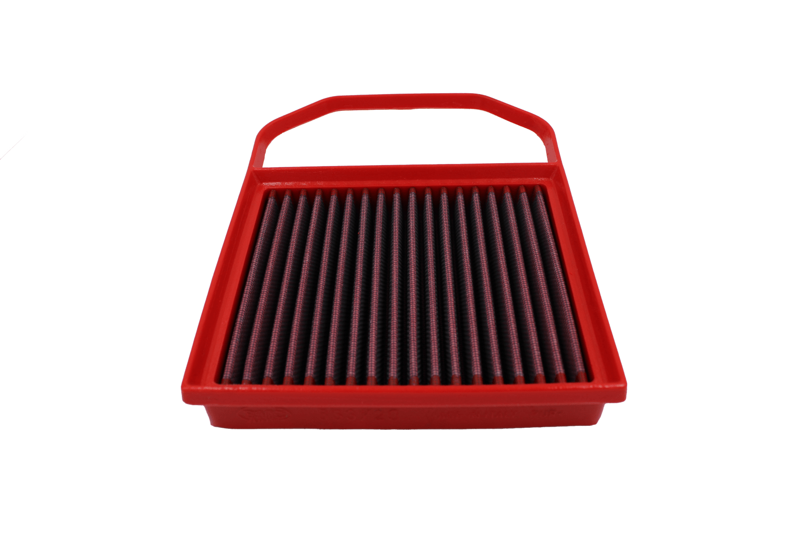 BMC FB833/20 red cotton replacement panel air filter, handled filter upright face view