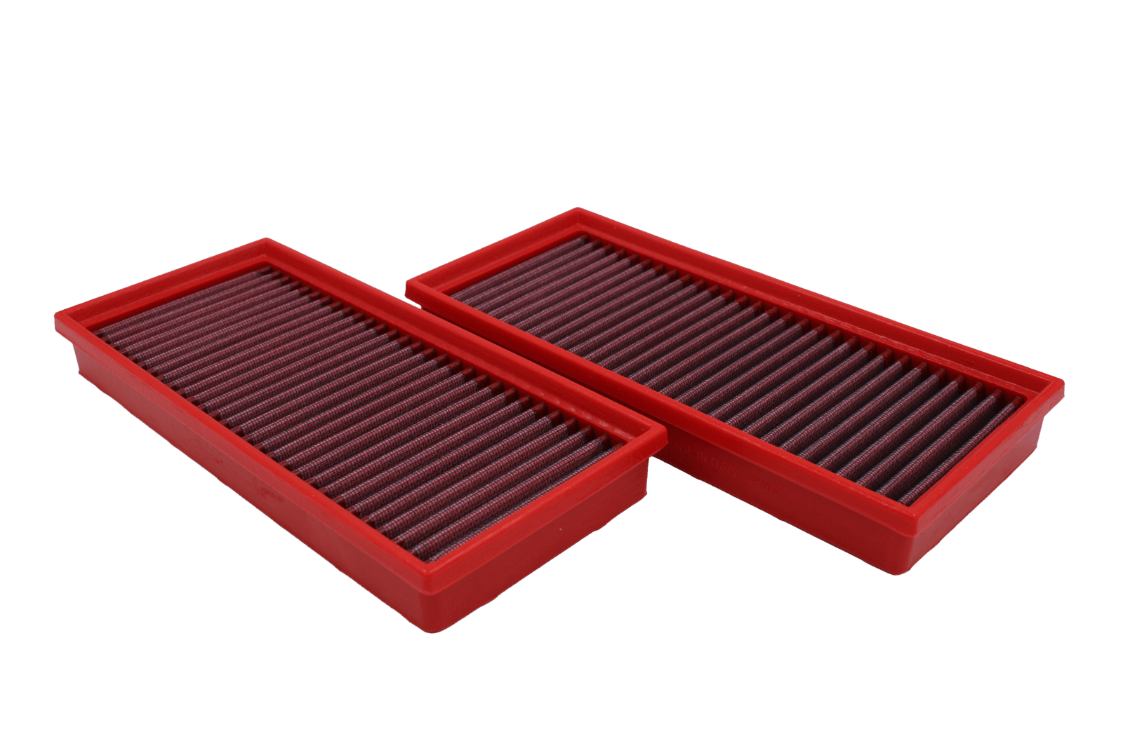 BMC FB845/20 red cotton replacement panel air filter, two-filter diagonal top view