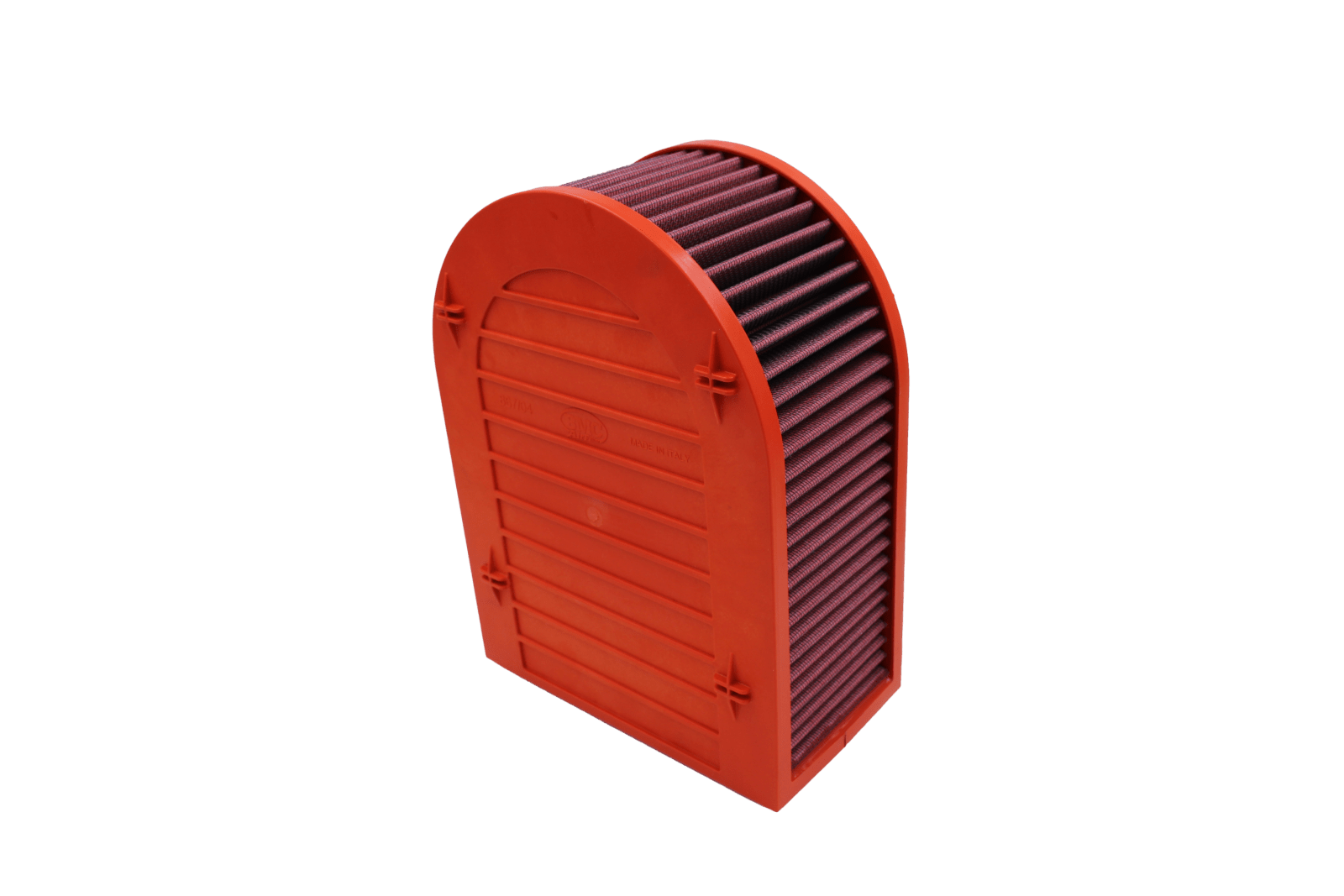 BMC FB867/04 red cotton replacement air filter assembly, assembly closed-back three-quarter view