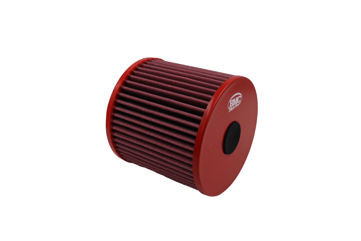 BMC FB877/08 red cotton replacement cylindrical air filter, closed-end three-quarter view
