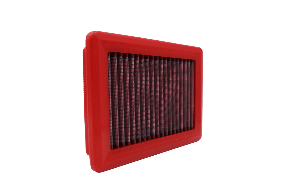 BMC FB879/01 red cotton replacement panel air filter, upright three-quarter view