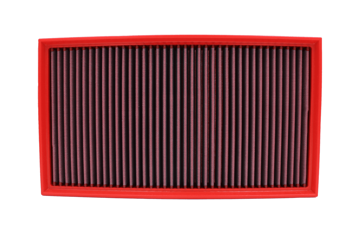 BMC FB887/20 red cotton replacement panel air filter, two-filter low side-profile view
