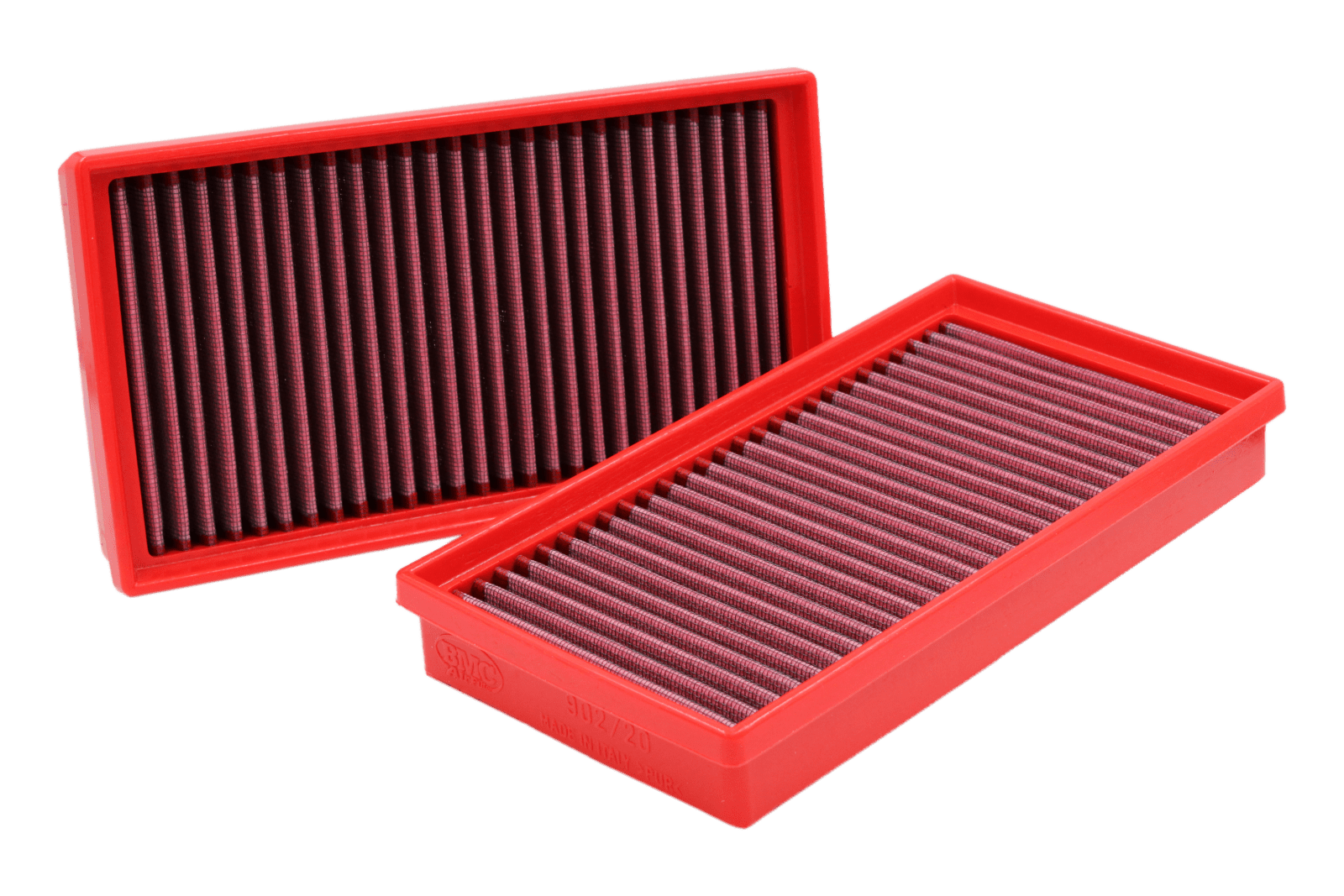 BMC FB902/20 twin red cotton panel air filters, front three-quarter arrangement
