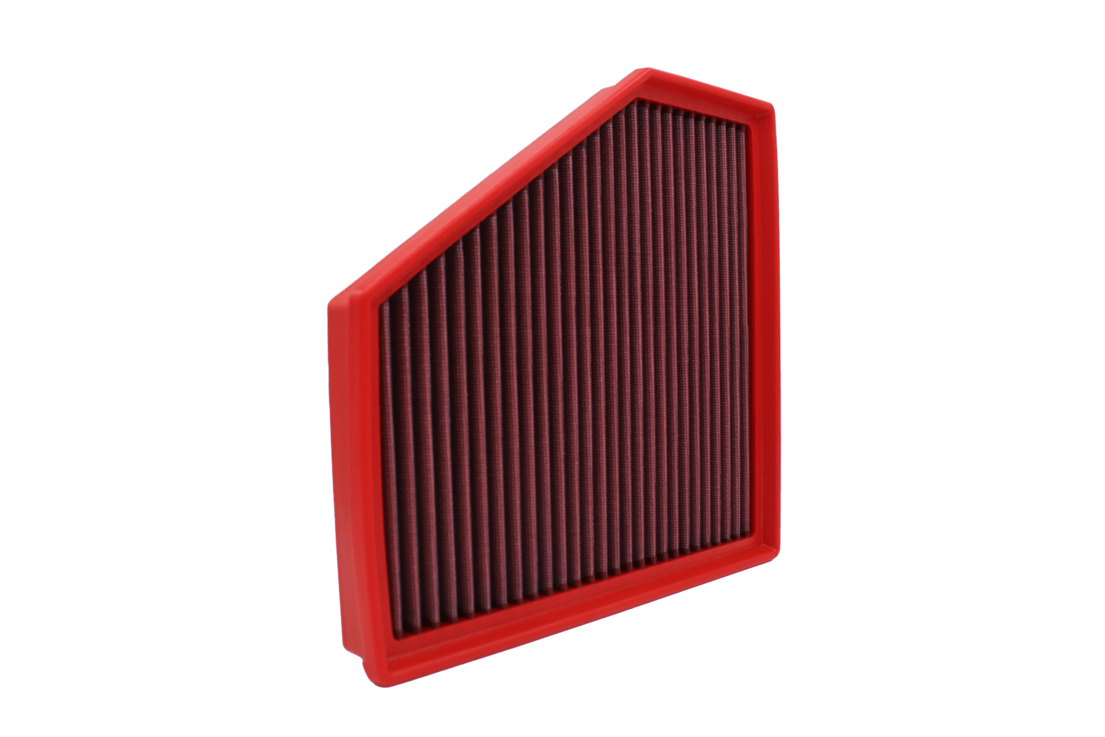 BMC FB928/20 red cotton replacement panel air filter, upright three-quarter view