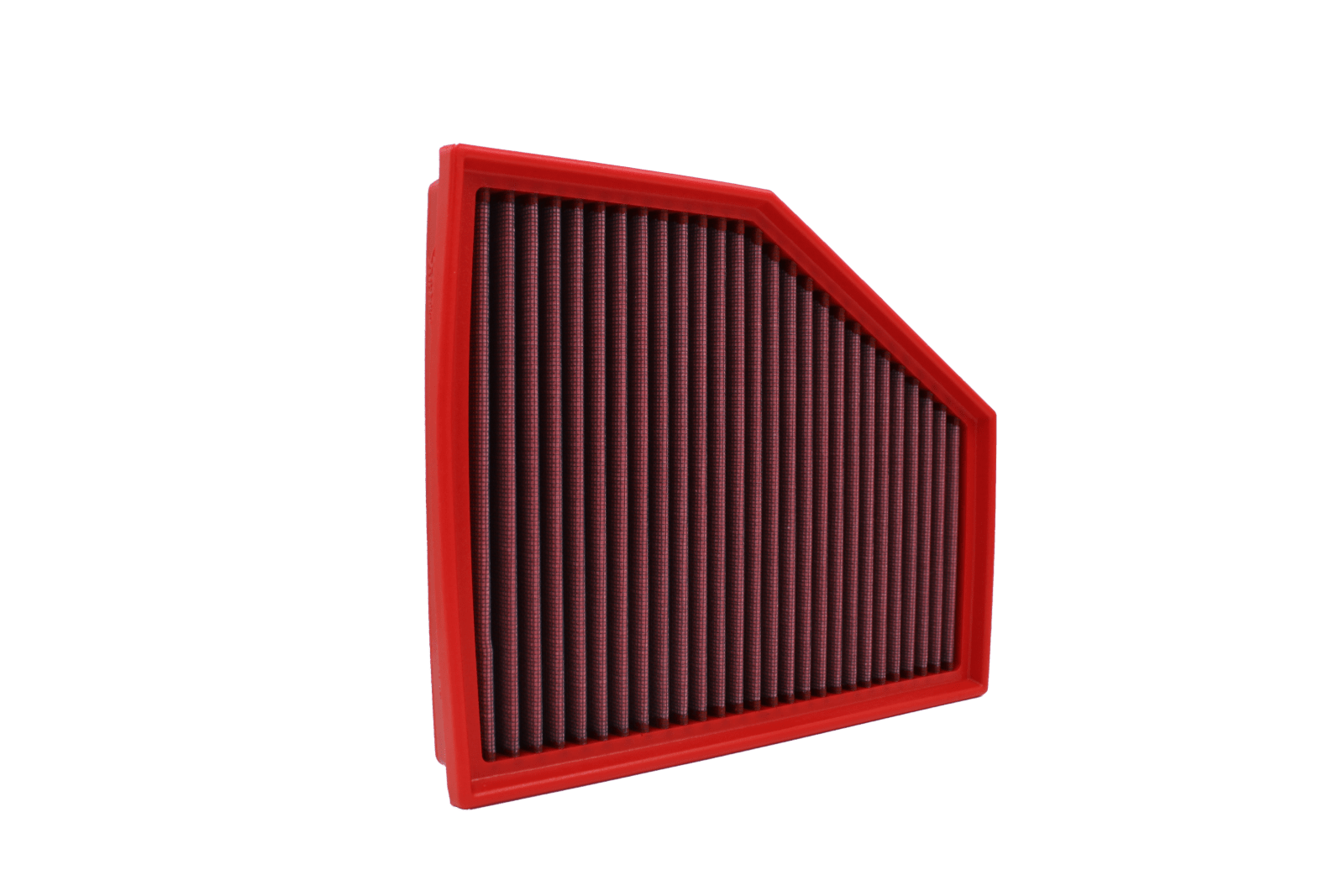BMC FB929/20 red cotton replacement panel air filter, shaped upright three-quarter view