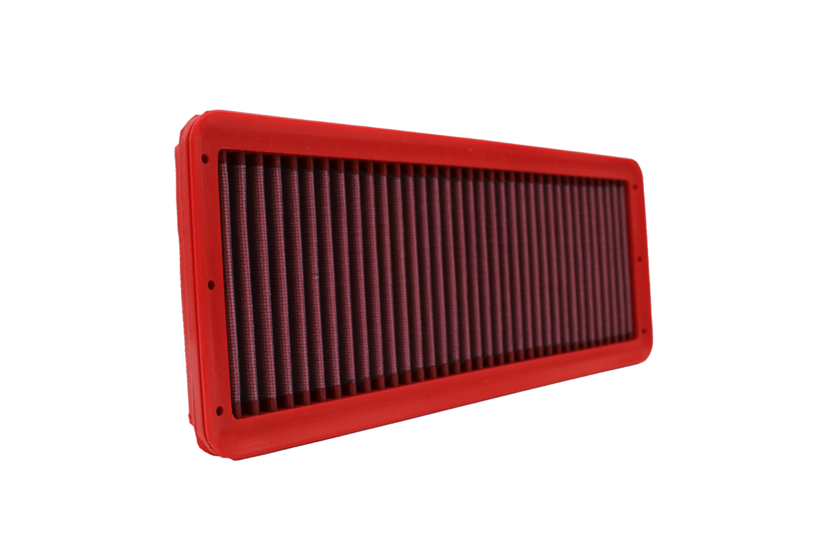 BMC FB933/01 red cotton replacement panel air filter, upright three-quarter view