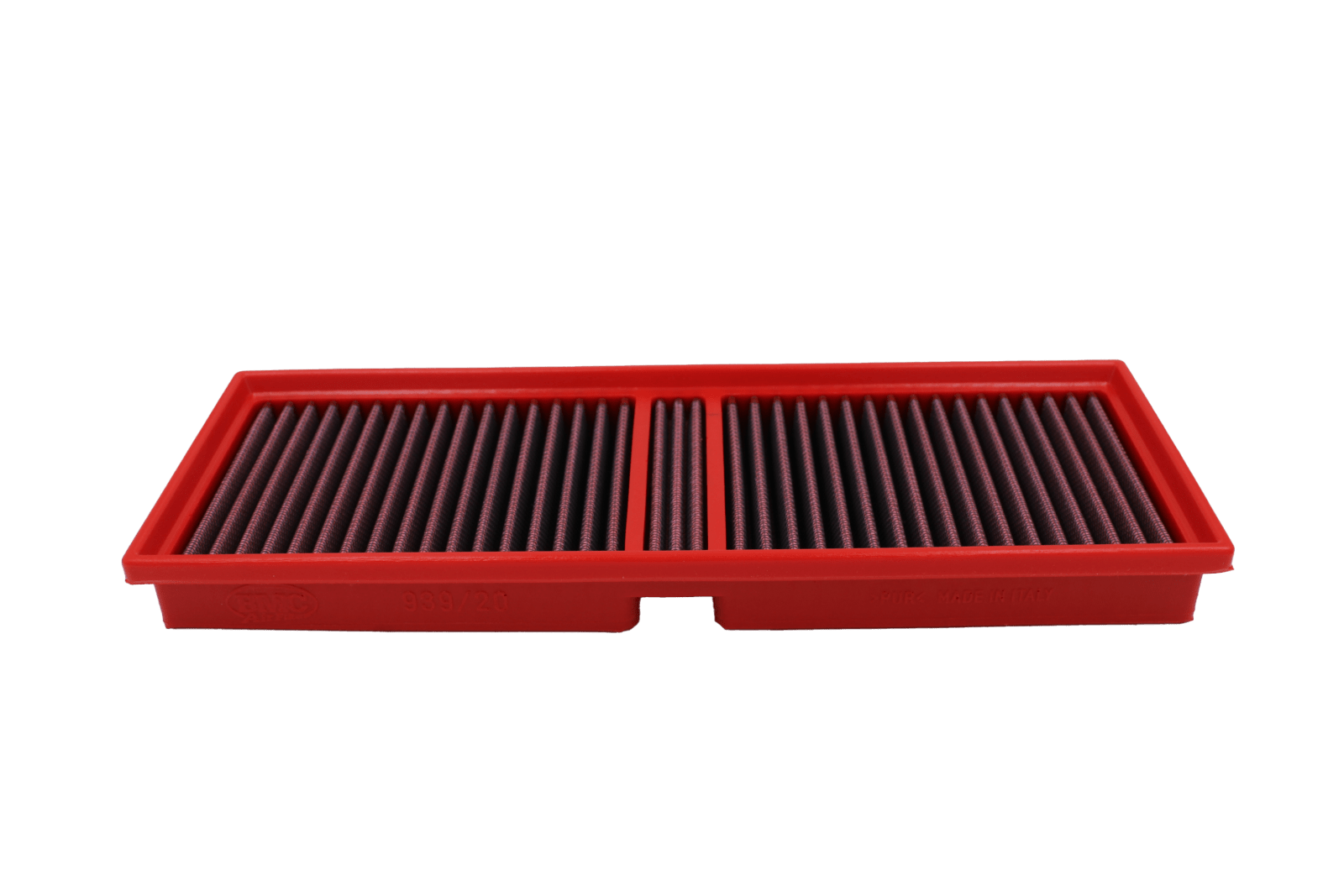 BMC FB939/20 red cotton replacement panel air filter, two-filter low side-profile view
