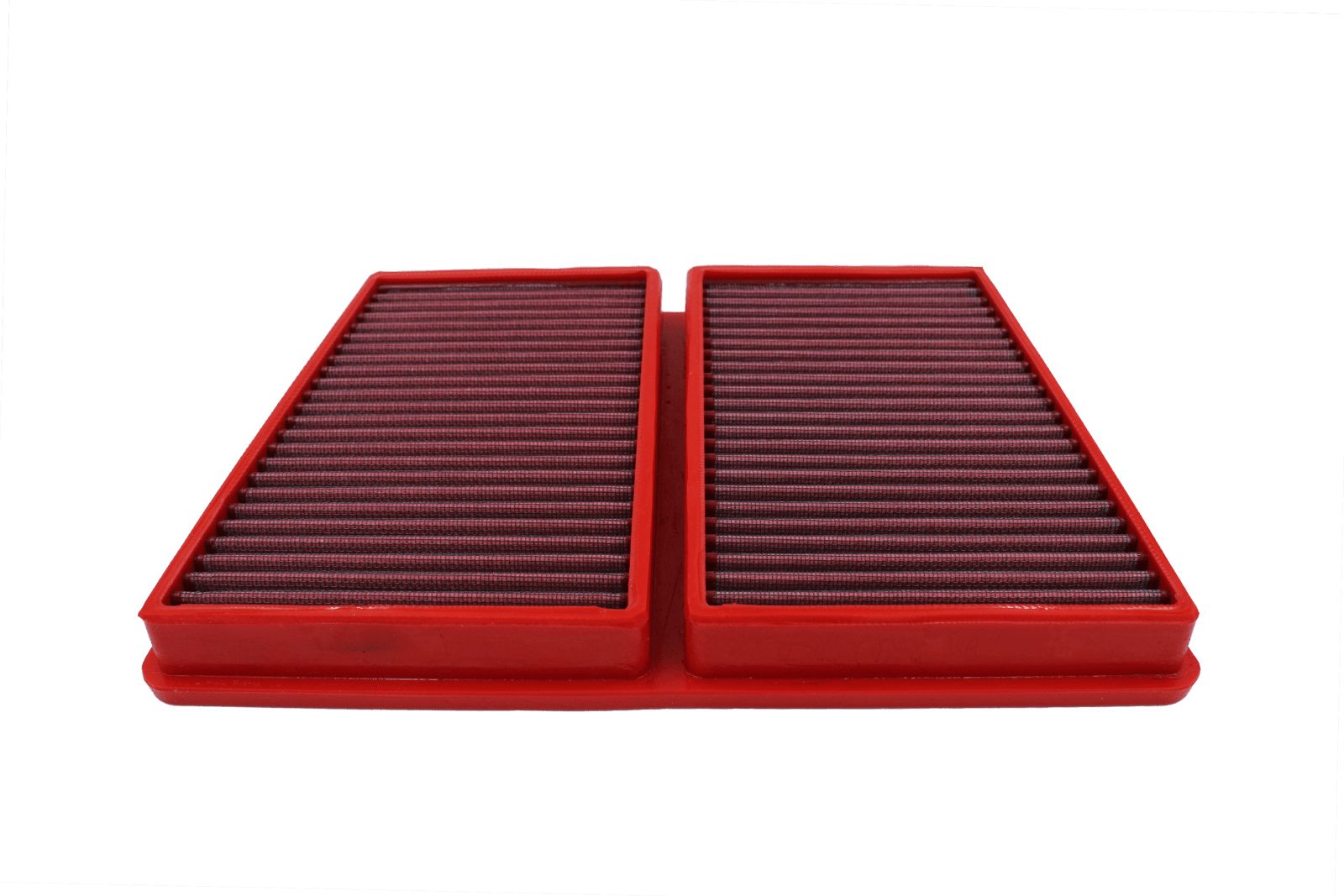 BMC FB940/01 red cotton replacement panel air filter, two-filter low three-quarter view