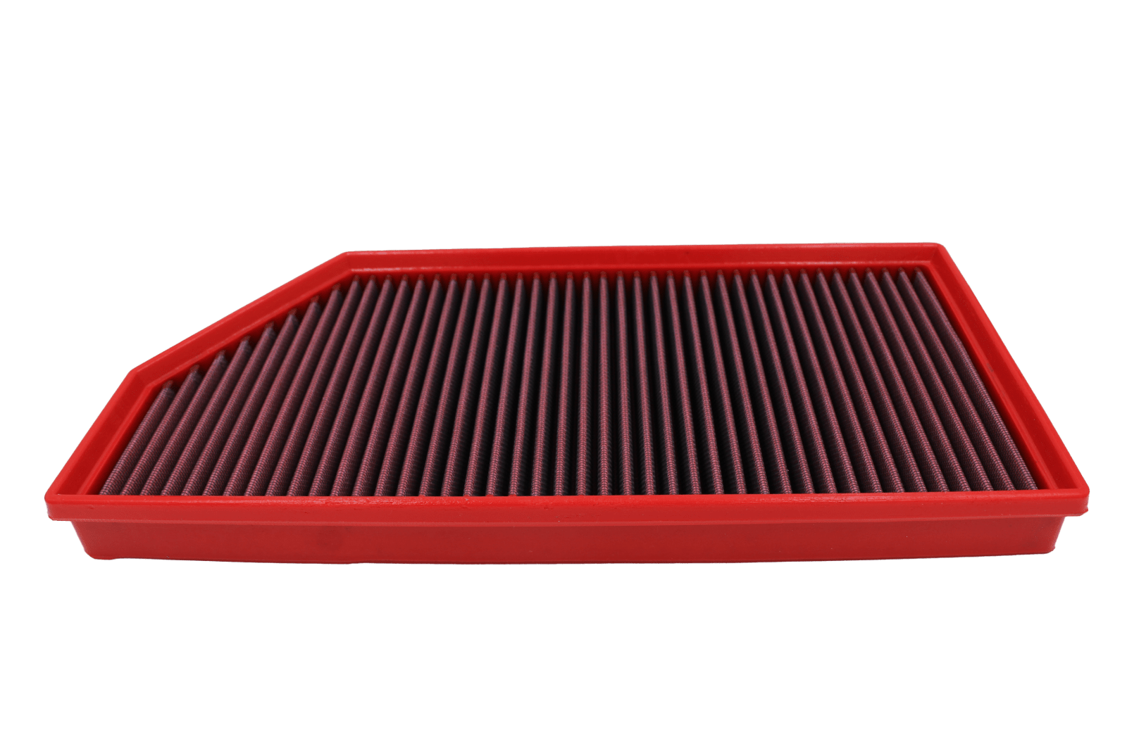 BMC FB956/20 red cotton replacement panel air filter, low three-quarter view