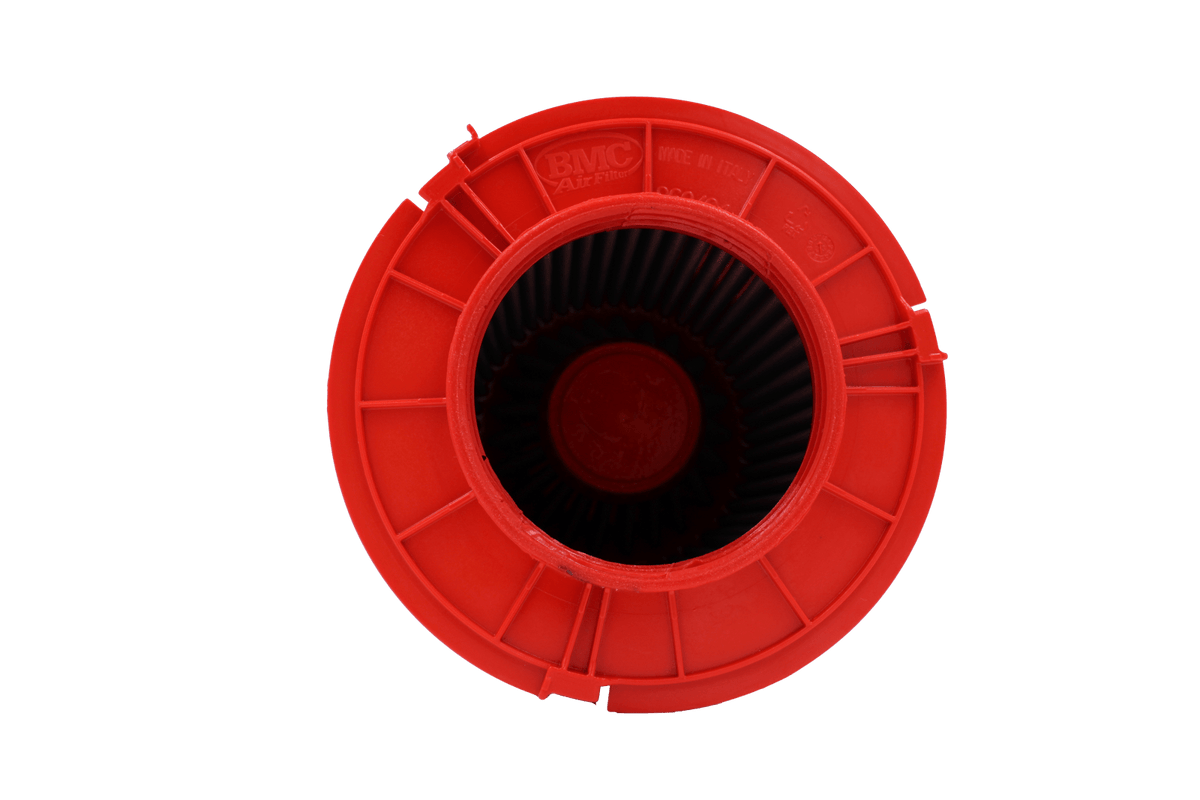 BMC FB960/04 red cotton replacement cylindrical air filter, inlet-end face-on view