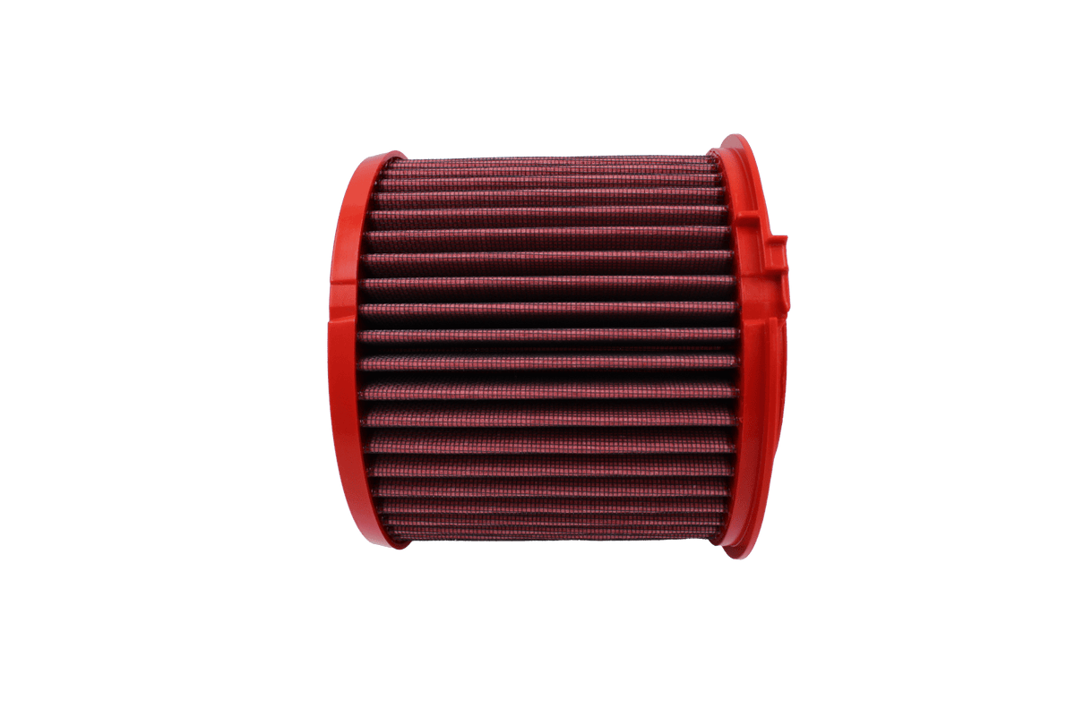 BMC FB960/04 red cotton replacement cylindrical air filter, side-profile view