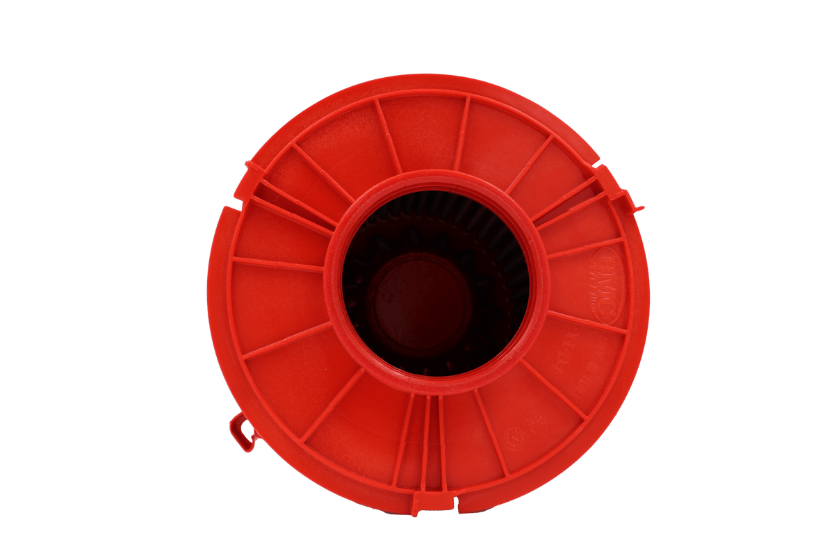 BMC FB961/04 red cotton replacement cylindrical air filter, inlet-end face-on view