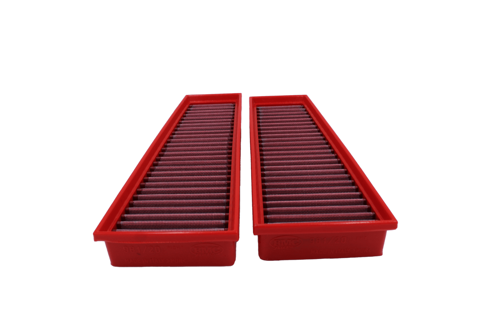 BMC FB981/20 red cotton replacement panel air filter, two-filter symmetrical face view