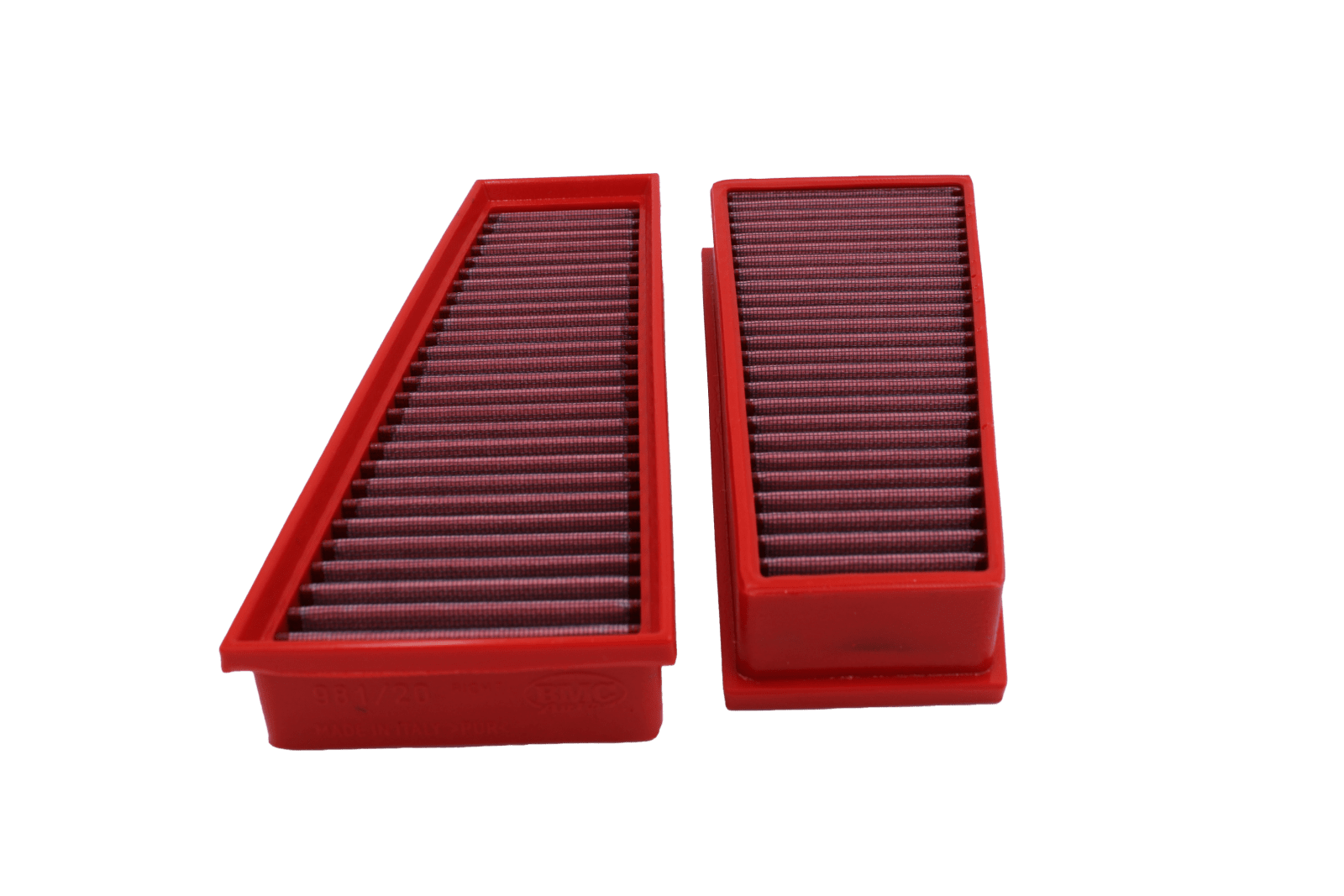 BMC FB981/20 red cotton replacement panel air filter, two-filter offset face view